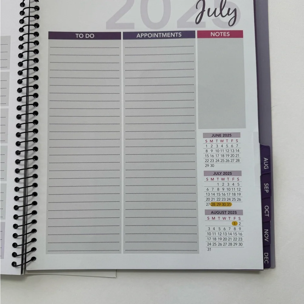 New 2025 Annual Calendar-purple - bold dates with todo lists between the months!